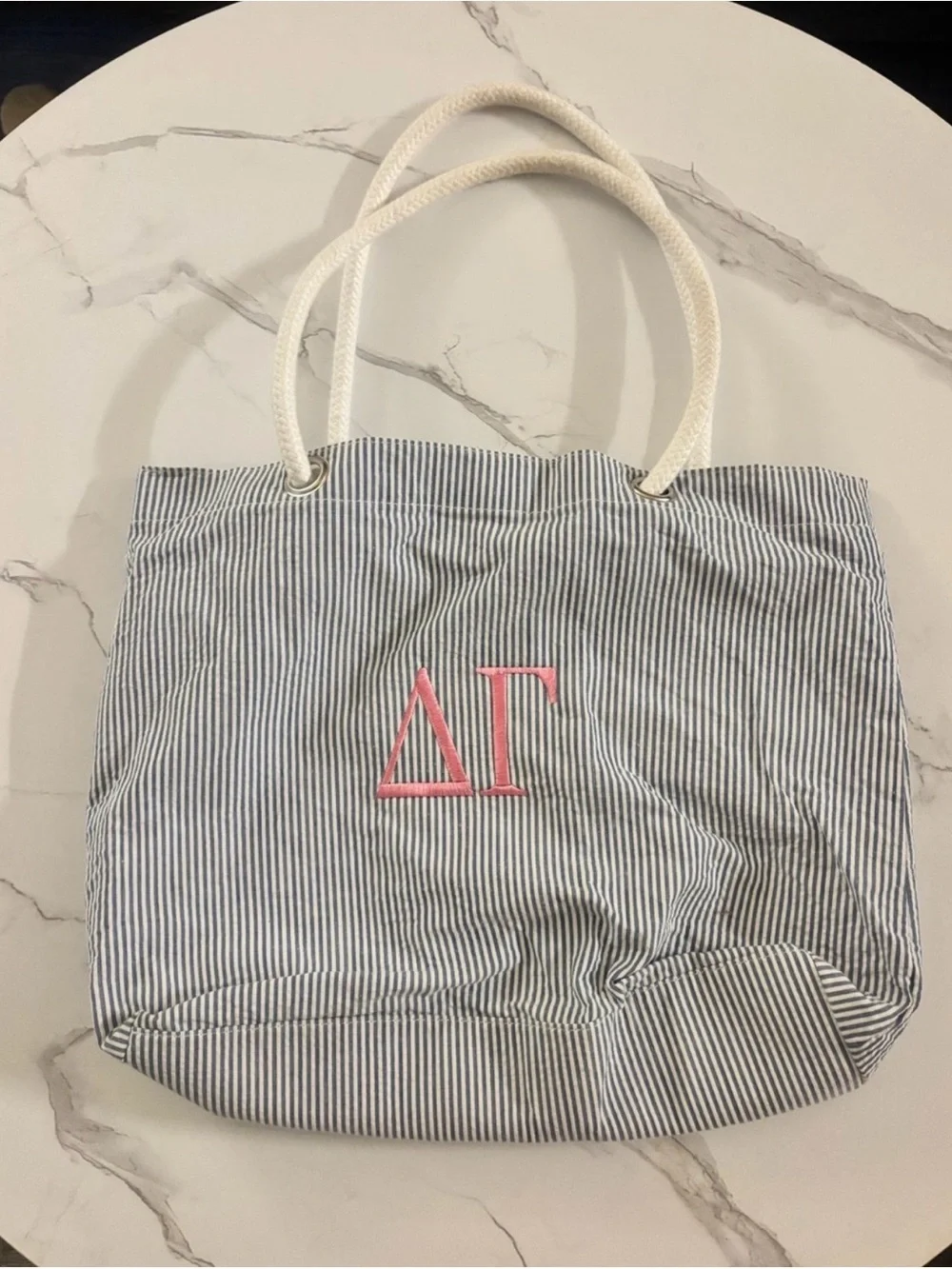 Striped Canvas Tote with Delta Gamma Sorority Pink Monogram